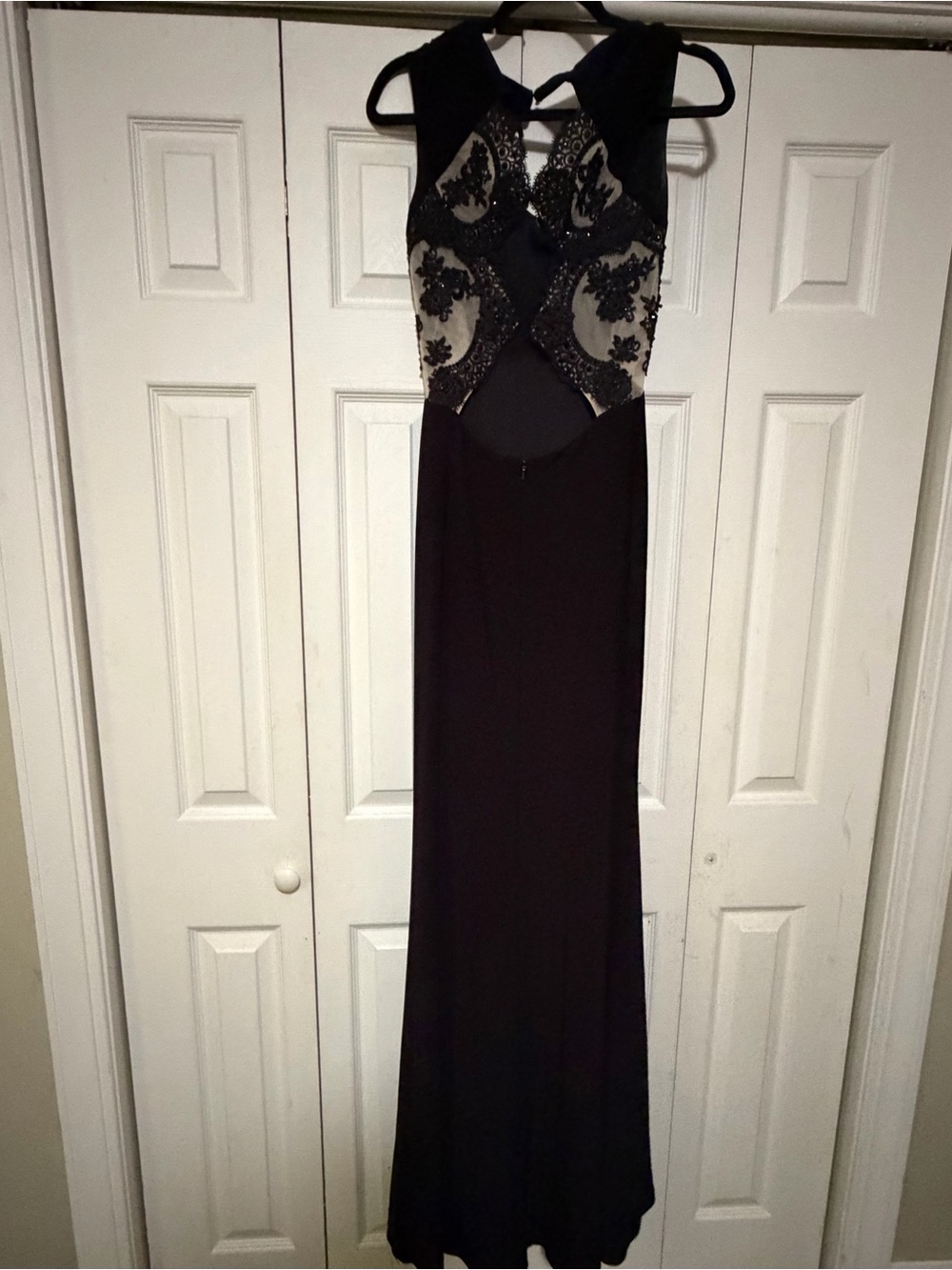 Sherri Hill Black Maxi Gown with Lace Appliqué